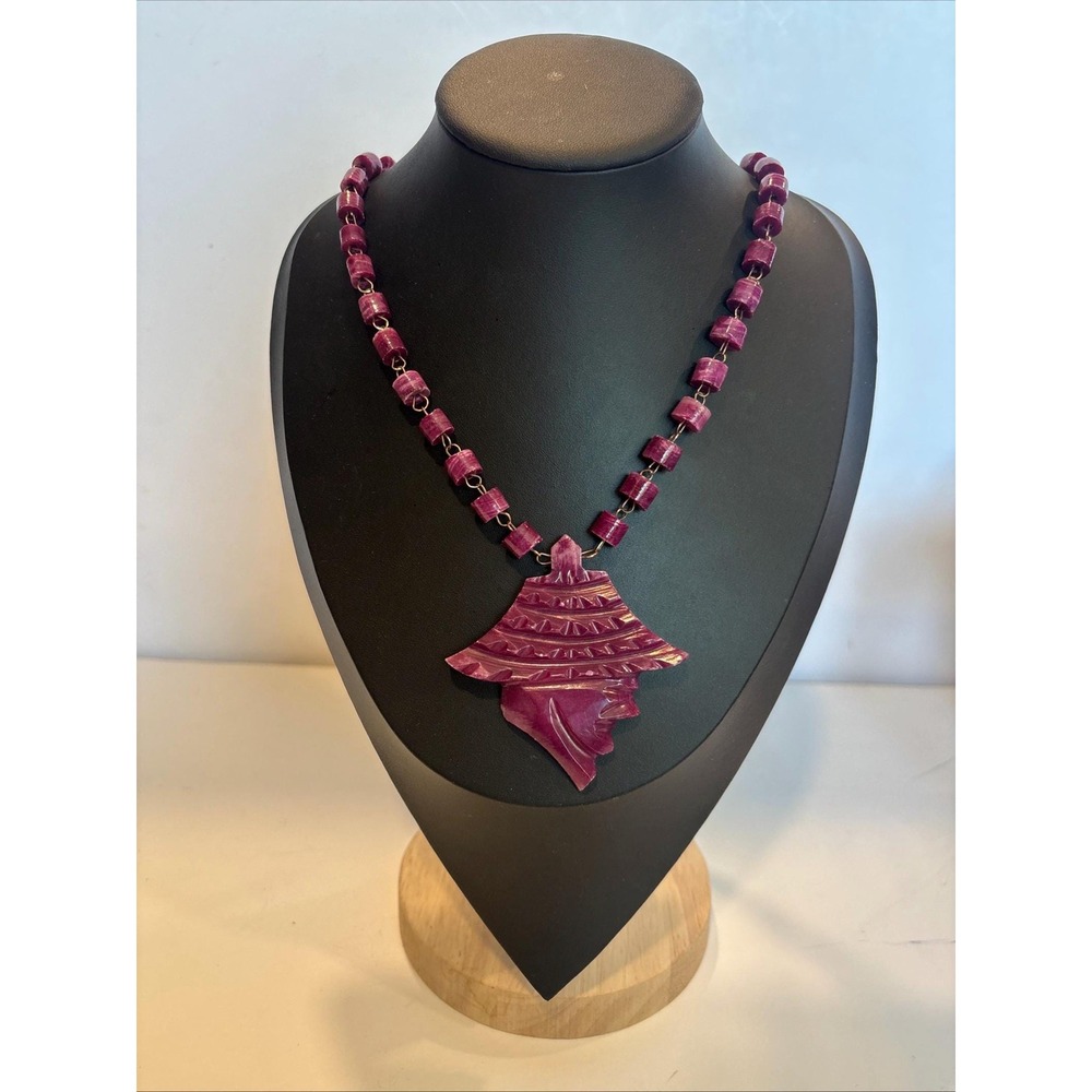 70s Hand Carved Purple Stone Asian Princess Necklace Art Deco Revival 25"
